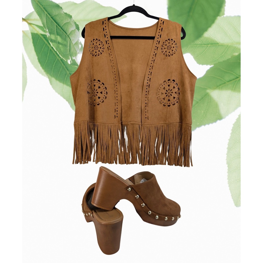 Fringe Cutout faux Suede‎ XL Boho Vest Clogs Sz 10 Set Tan Brown Women's